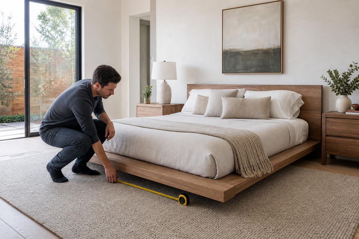 Modern bedroom with a platform bed and measuring tape beside the frame