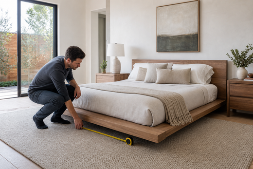 Modern bedroom with a platform bed and measuring tape beside the frame