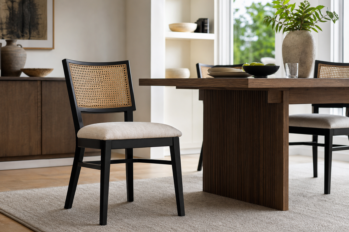 Black armless cane dining chair beside a modern dining table in a bright dining room