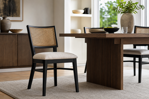 Black armless cane dining chair beside a modern dining table in a bright dining room