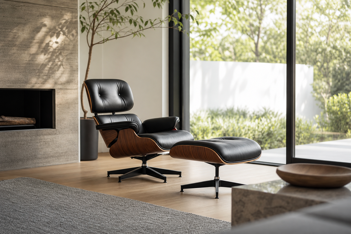 Leather lounge chair and ottoman arranged in a contemporary living room with walnut accents