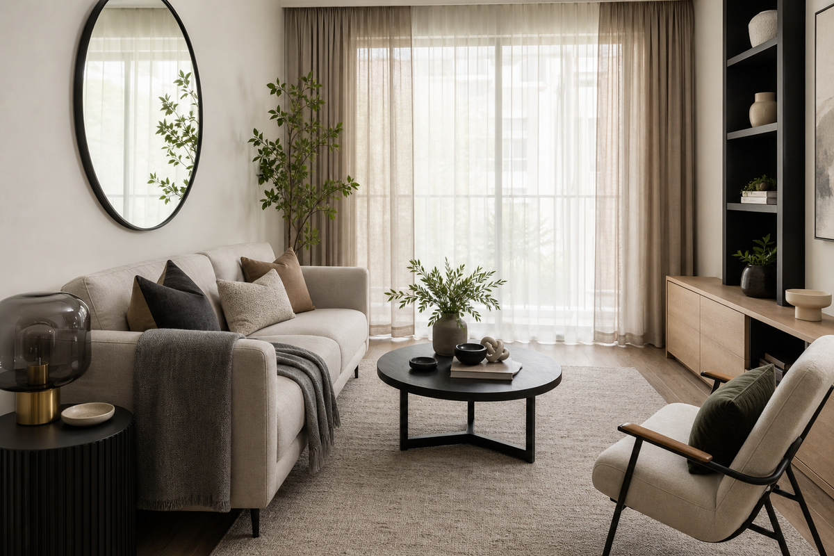 Compact modern living room with sofa, accent chair, mirror, and clear walking path