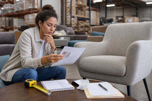 Shopper reviewing discounted furniture terms beside a modern chair with measuring tape and receipt