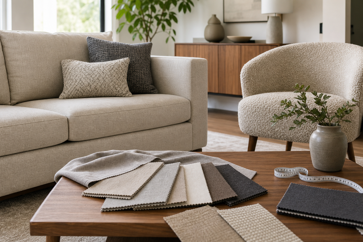 Neutral upholstered sofa and fabric swatches in a contemporary living room with a measuring tape