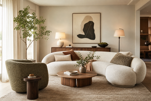 Contemporary living room with sofa, accent chair, wall art, and layered lighting