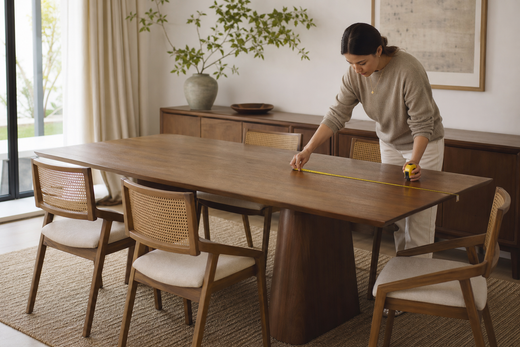 Homeowner measuring a modern dining table beside cane chairs in a bright dining room