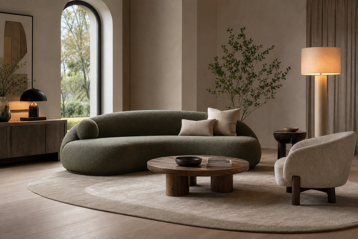 Contemporary sofa centered in a modern living room beside an accent chair and floor lamp