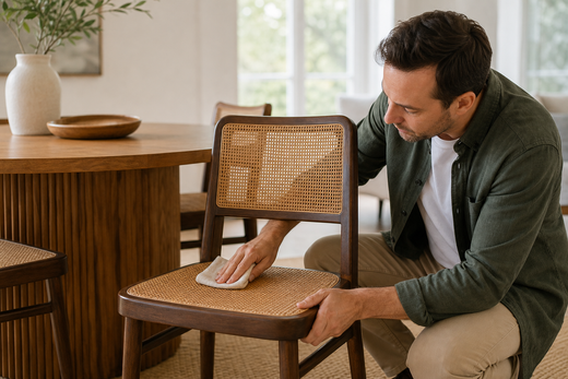 Person inspecting the woven seat of a cane dining chair in a bright dining room