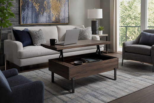 Raised convertible coffee table between a sofa and lounge chairs in a modern living room