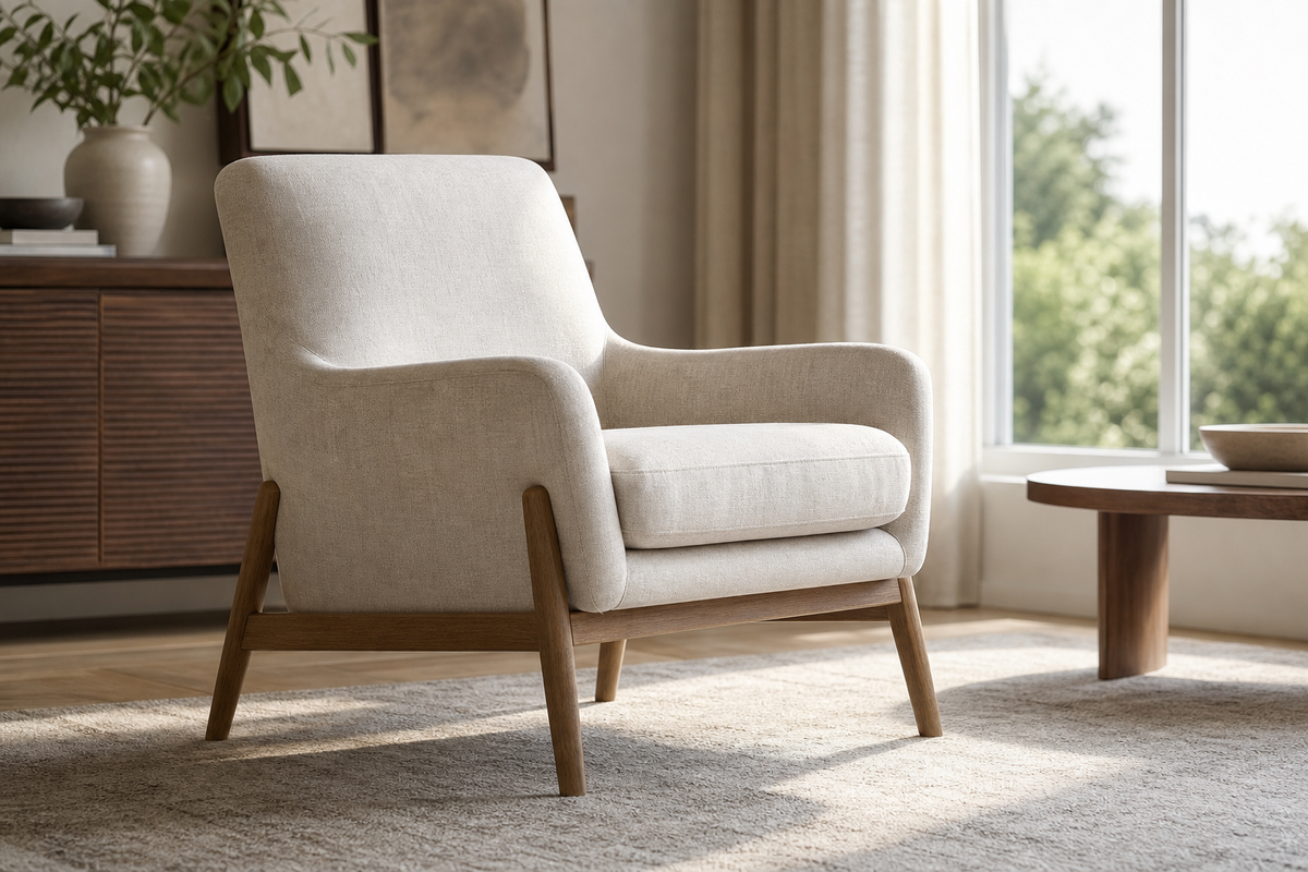 Modern upholstered accent chair in a bright living room with soft side lighting showing its shape and fabric