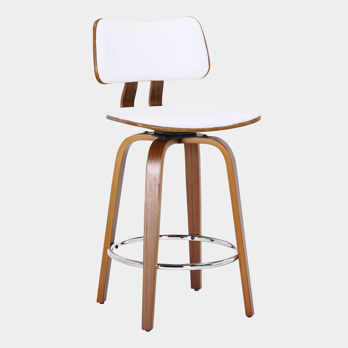 Zuni 26" Counter Stool with Swivel in White Faux Leather and Walnut