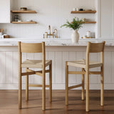 Alvia Oak Wood Bar Stools With Woven Seats Set of 2