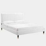 Peyton Performance Velvet Platform Bed With Wood and Gold Legs