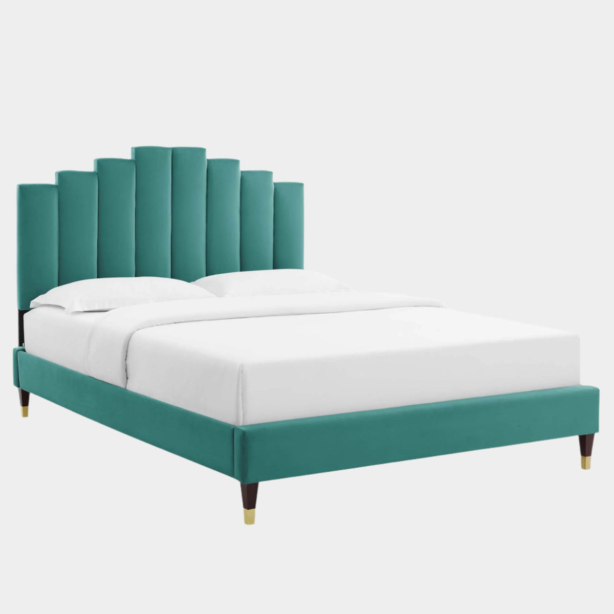Elise Performance Velvet Platform Bed With Wood and Gold Legs