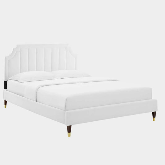 Sienna Performance Velvet Platform Bed With Wood and Gold Legs
