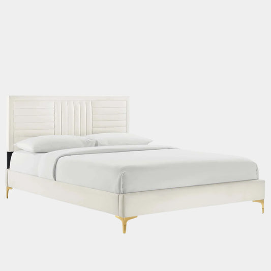 Sofia Channel Tufted Performance Velvet Platform Bed With Gold Metal Legs