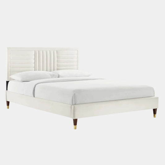 Sofia Channel Tufted Performance Velvet Platform Bed With Wood and Gold Legs