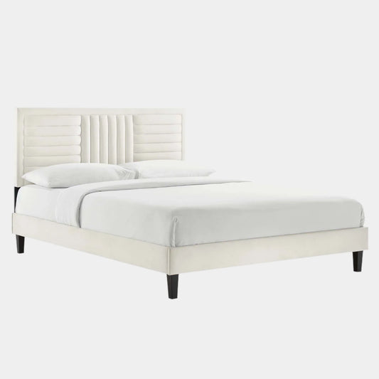 Sofia Channel Tufted Performance Velvet Platform Bed With Black Wood Legs