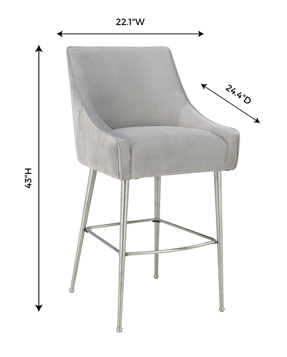 Beatrix Pleated Light Grey Velvet Bar Stool