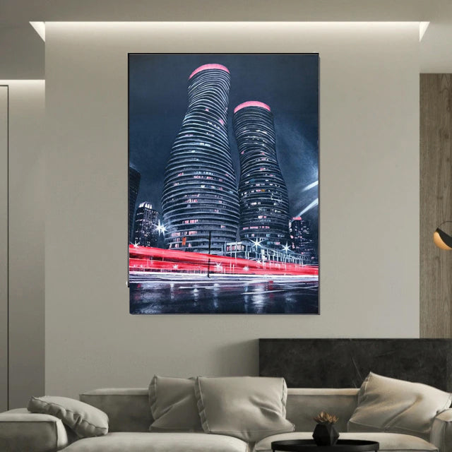 Monroe Towers Night View 50% Hand-painting