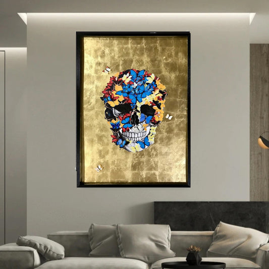 Skull Butterfly Golden background Shadow  box with Black PS Frame