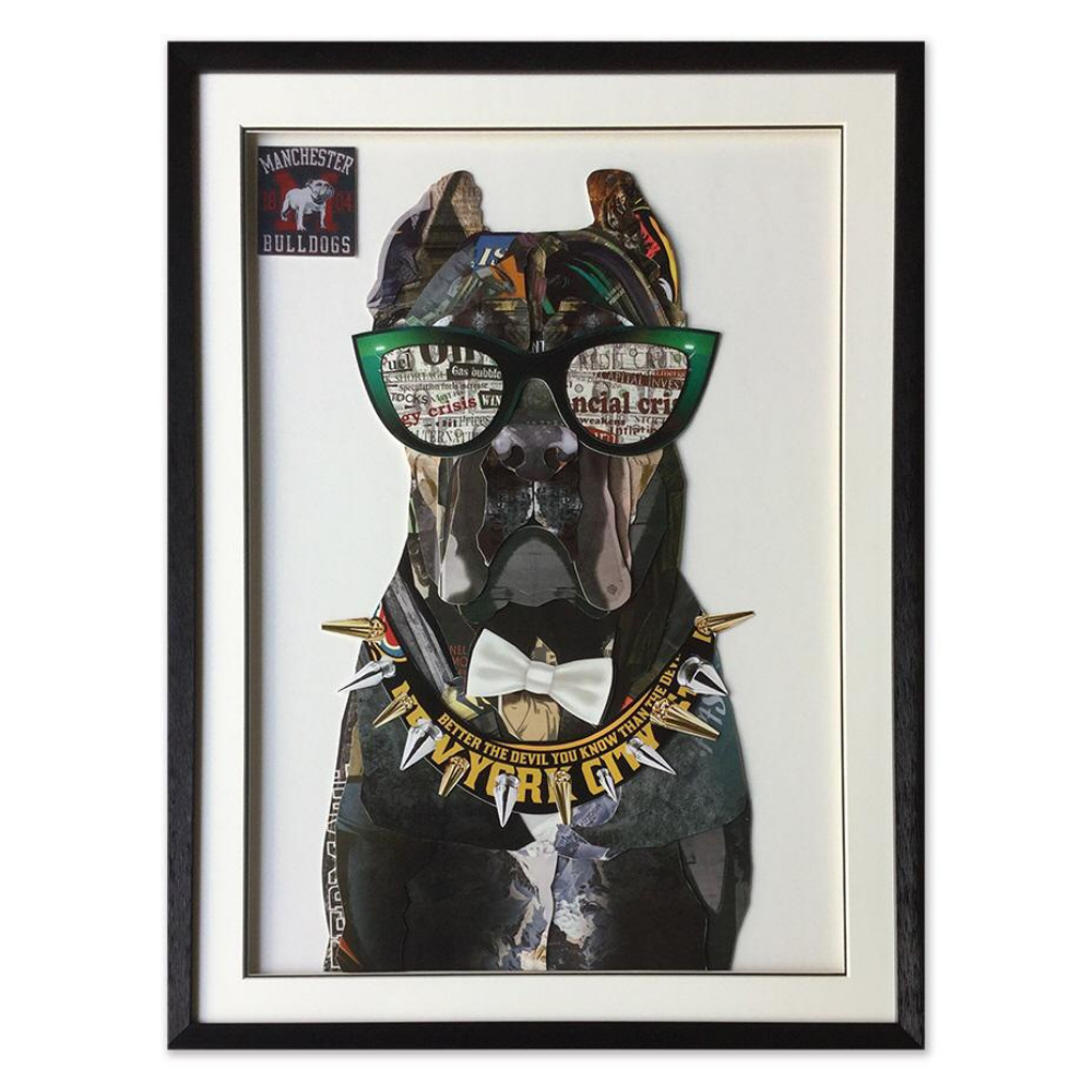 Dog Wearing Sunglasses Collage Art with Black PS Frame