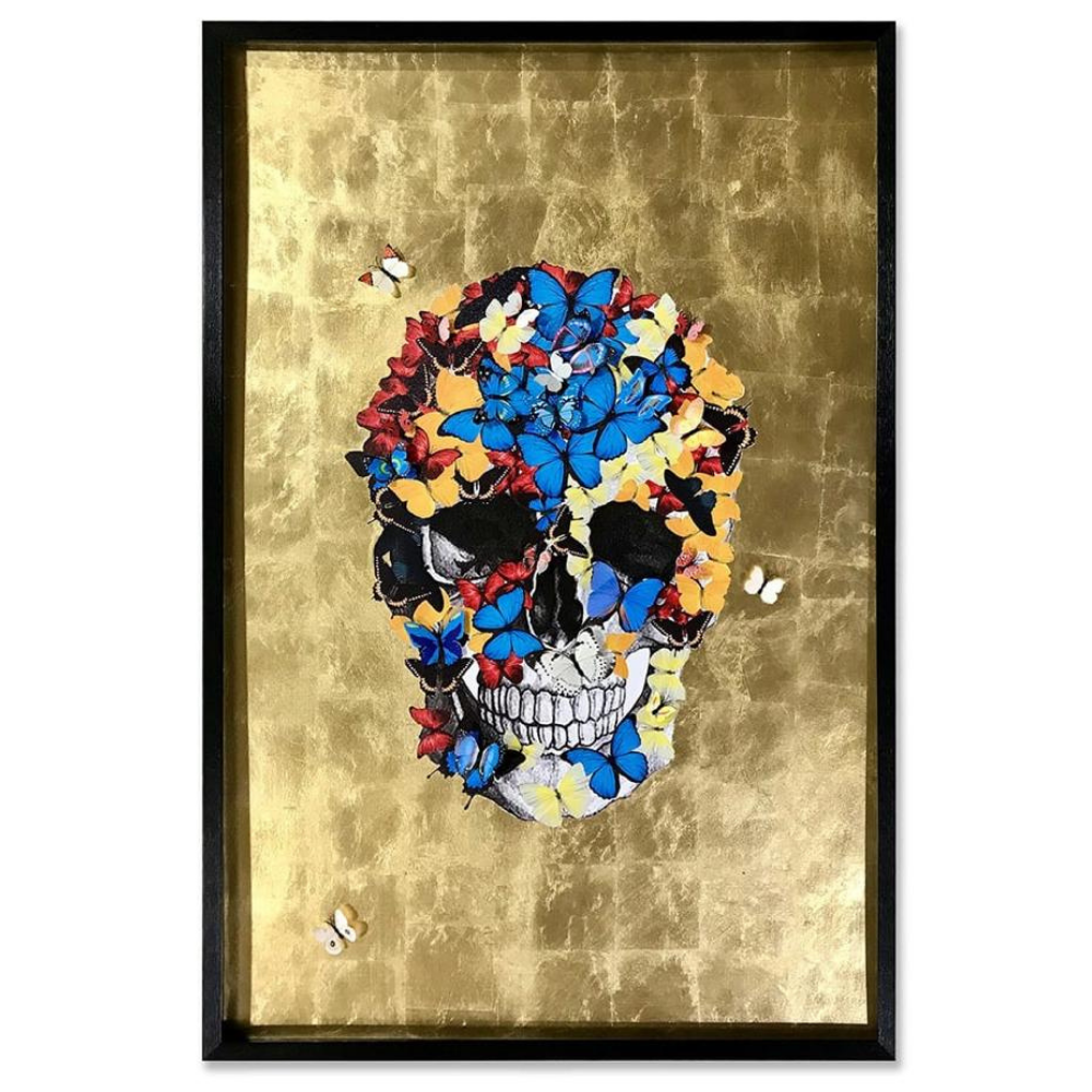 Skull Butterfly Golden background Shadow  box with Black PS Frame