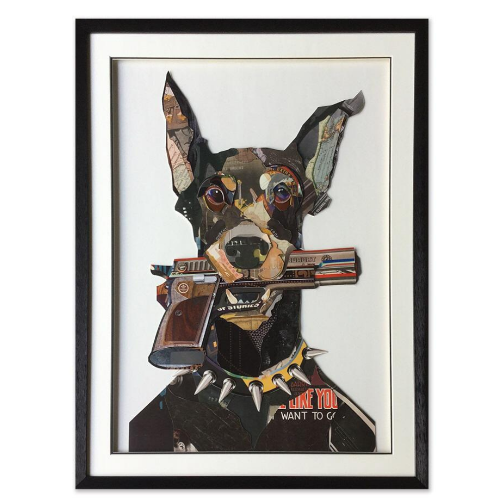 Dog Holding a Gun Collage Art with Black PS Frame